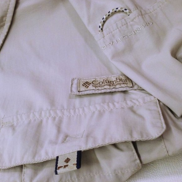 Vintage 90s Columbia PFG Shirt OmniShade Mens-M Pockets LSL Nylon Beige - Picture 5 of 10